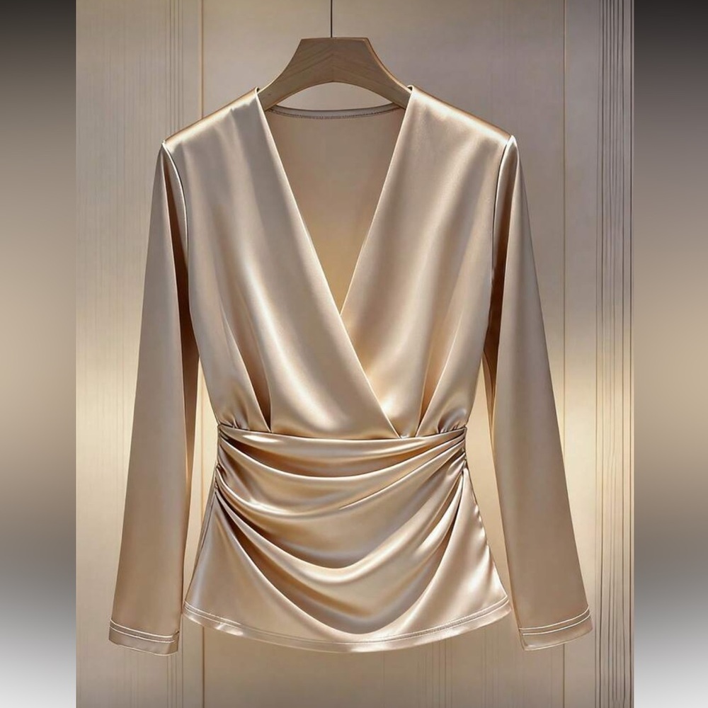 Elegant Cream Long Sleeve Wrap Blouse